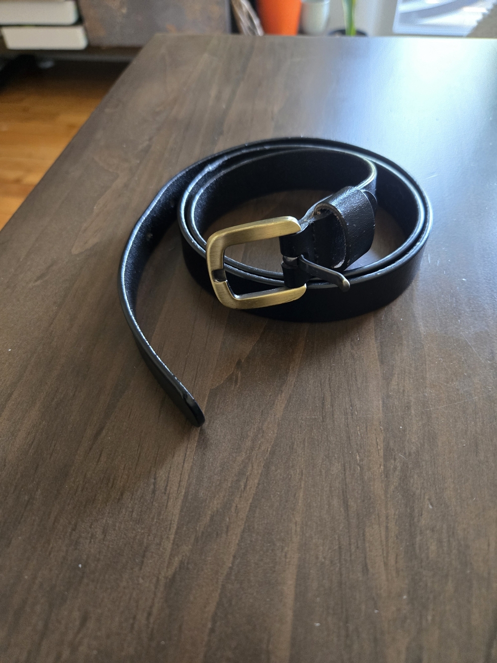 Classic Black Leather Women's Belt with Brass Buckle
